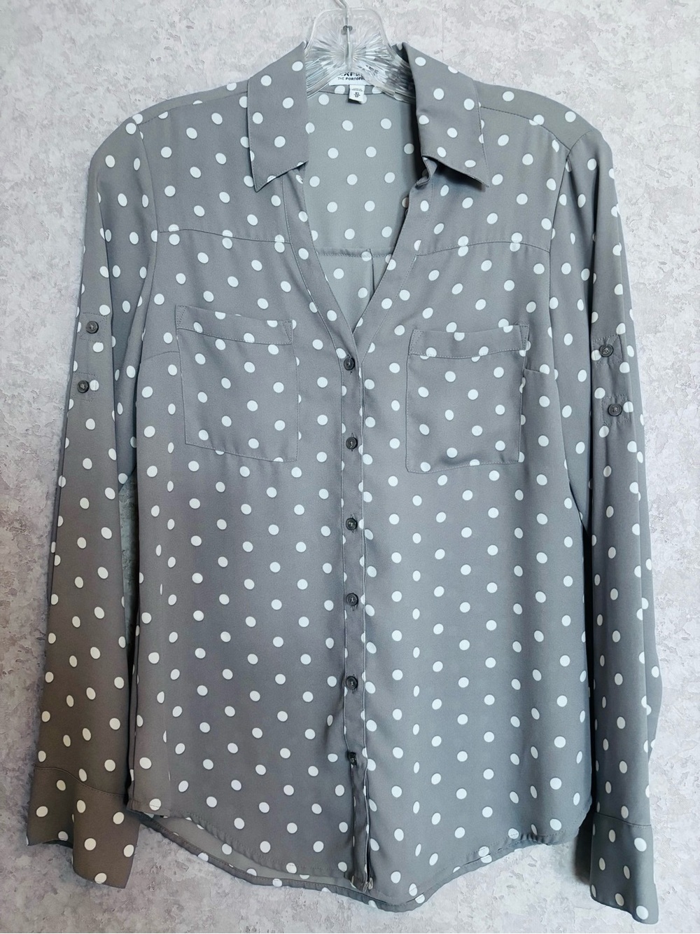 Express Womens Gray Polka Dot Portofino Button-Up Shirt Size XS